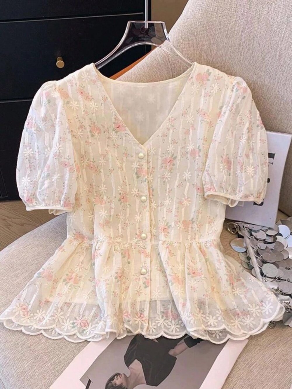 Multicolor Boho Women's French Romantic Embroidered V-Neck Short Sleeve Blouse